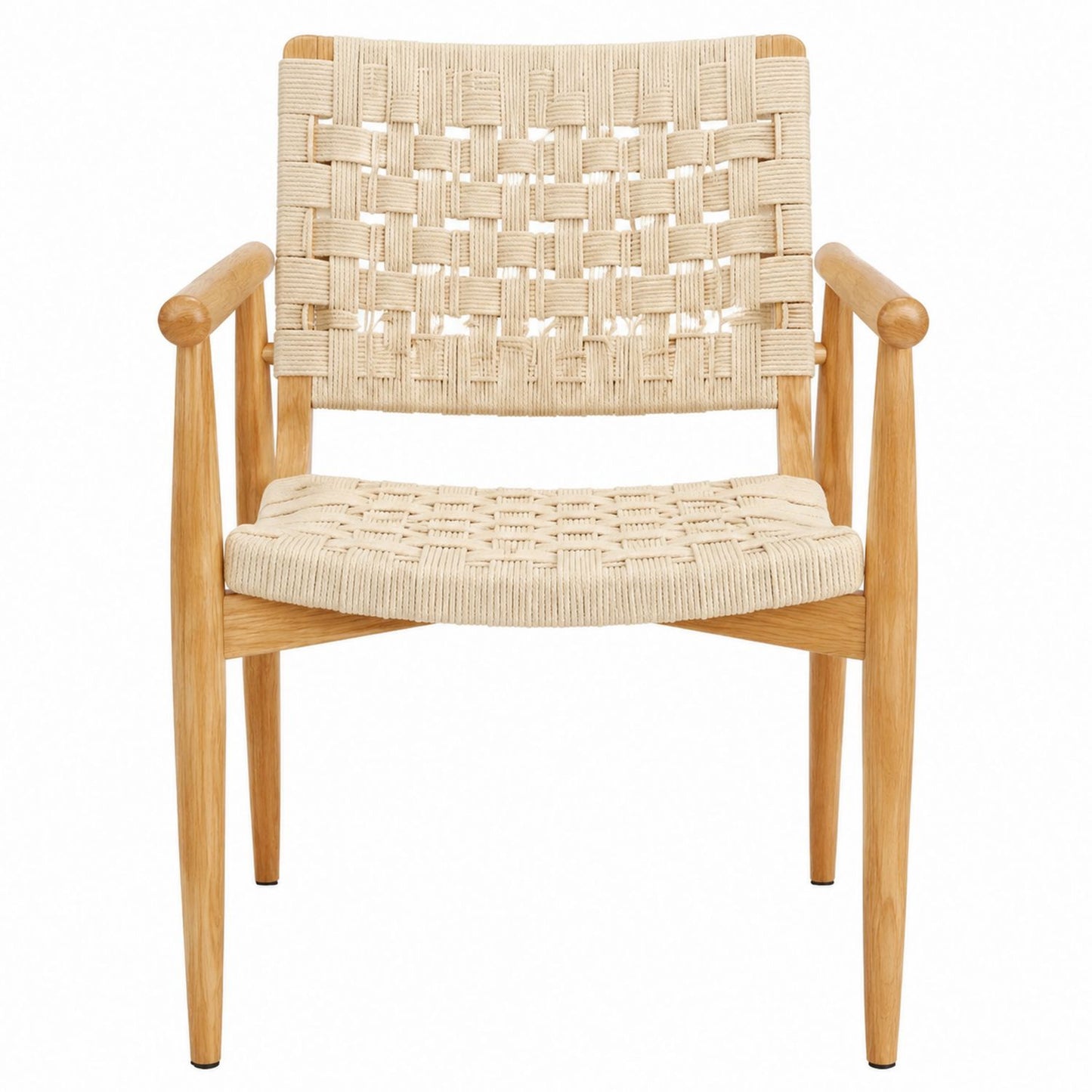 Oak Frame Lounge Chair with Woven Cotton Rope Seat and Back in Beige