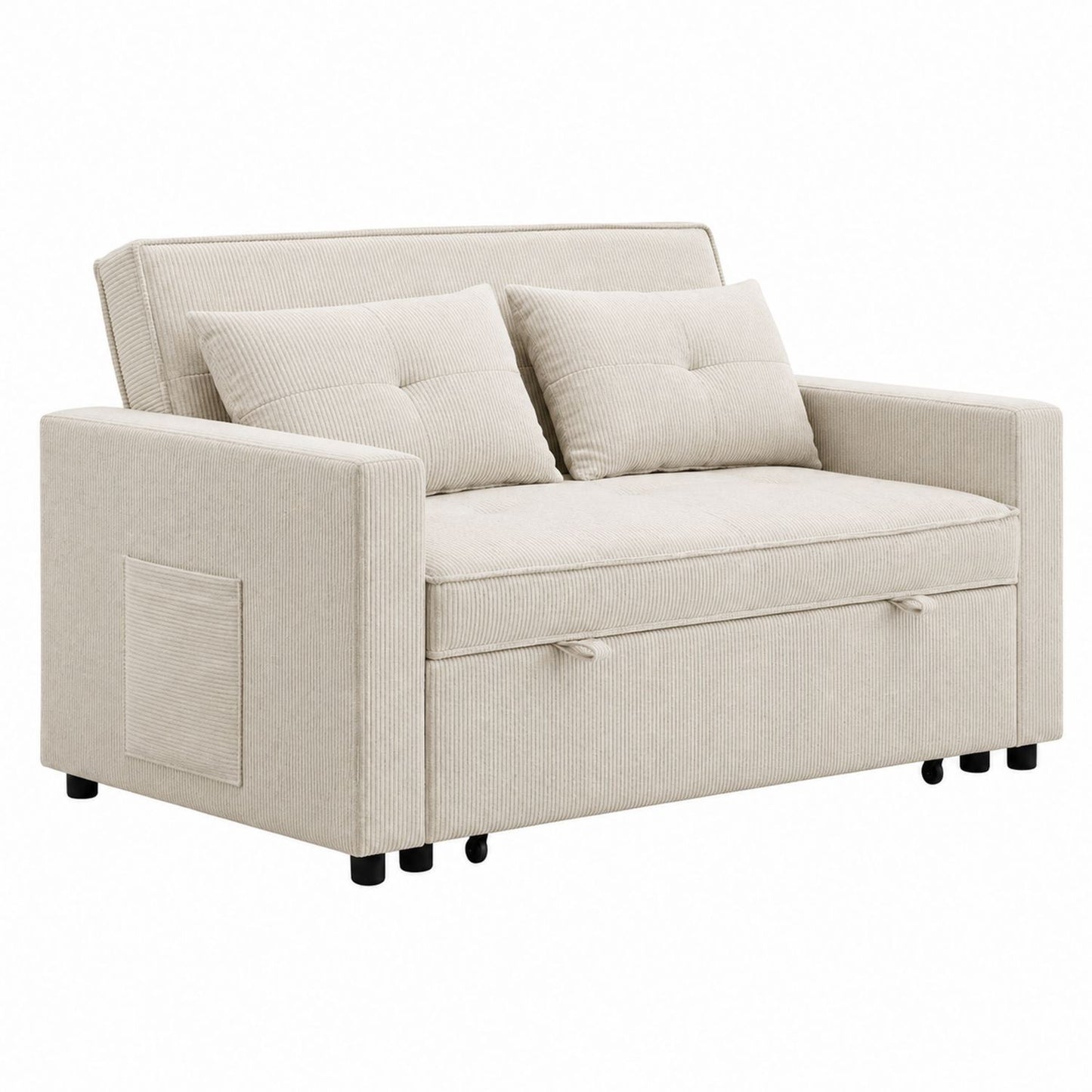 Beige Corduroy Sofa Bed with Pillows 175cm Width
