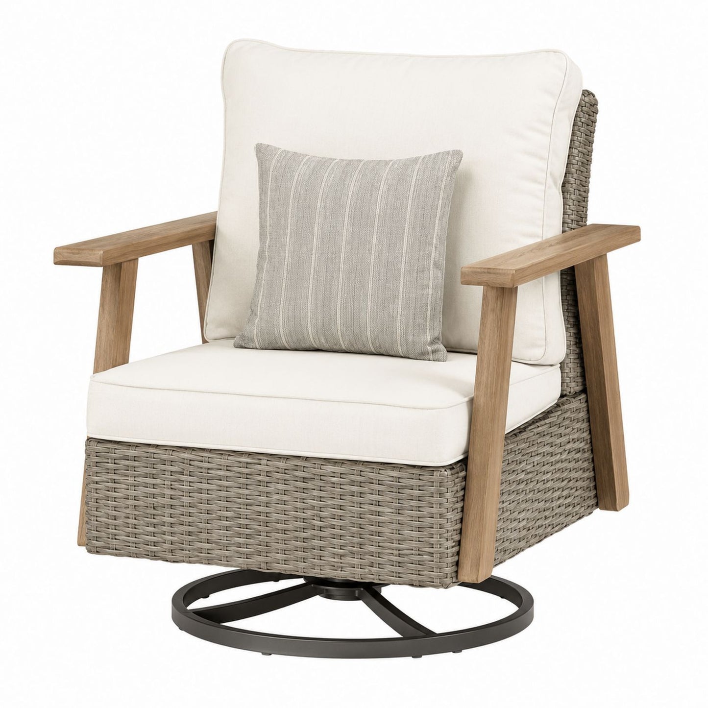 Outdoor Swivel Lounge Chair with Polyester Cushions and Rattan-Wood Frame