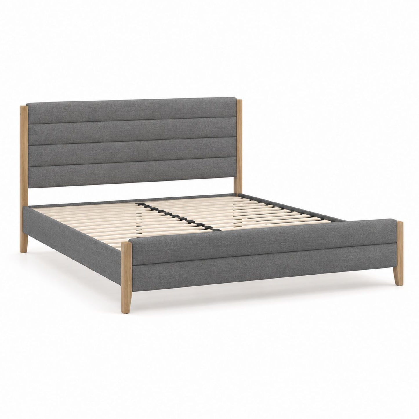 Upholstered Platform Bed with Oak Frame and Grey Fabric