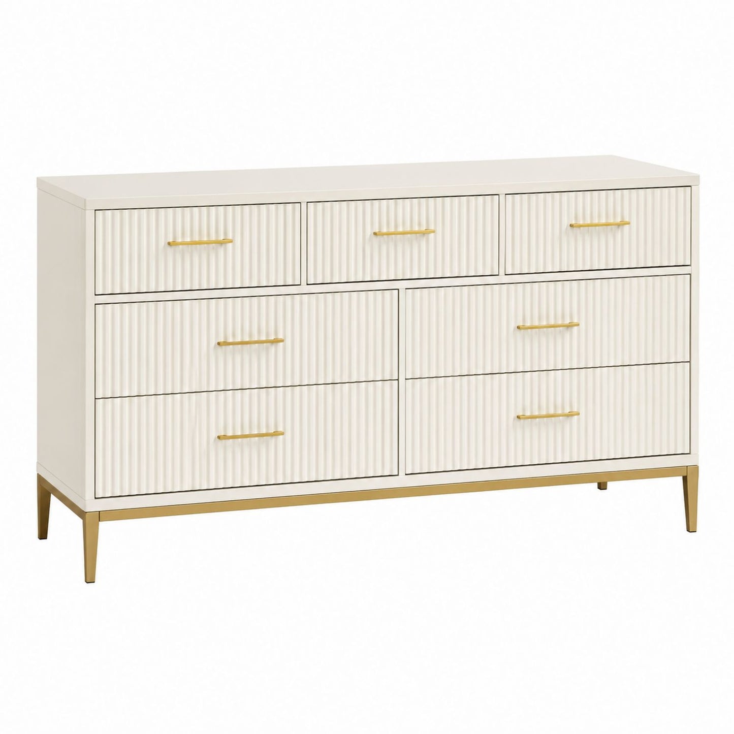 White Wood Dresser with Gold Handles and Legs, 7 Drawers, 150cm