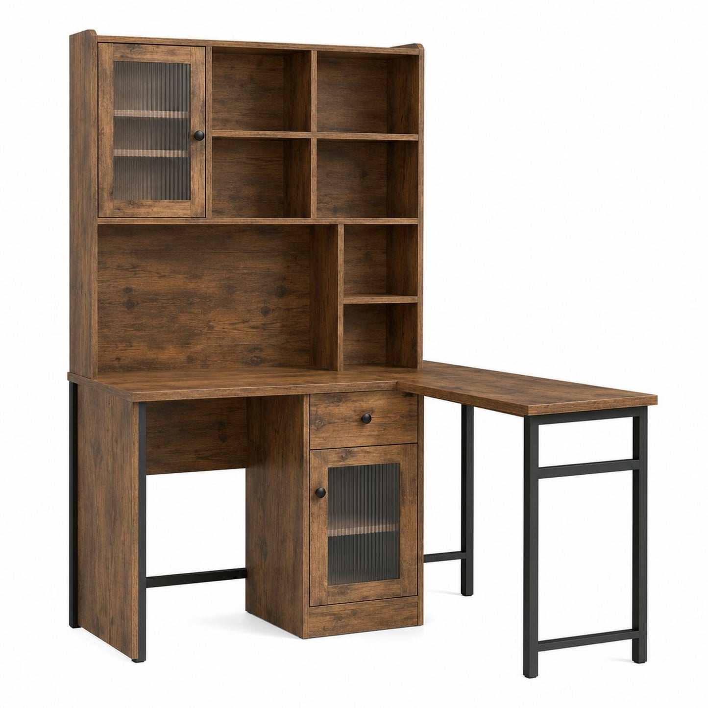L-Shaped Particle Board and Metal Desk with Hutch Brown