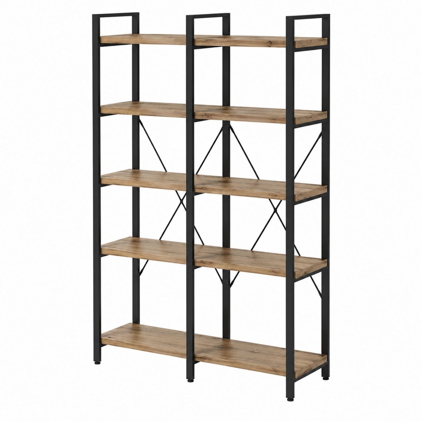 Industrial Metal Bookcase with Wood Shelves, 5-Tier, 180cm x 120cm x 30cm