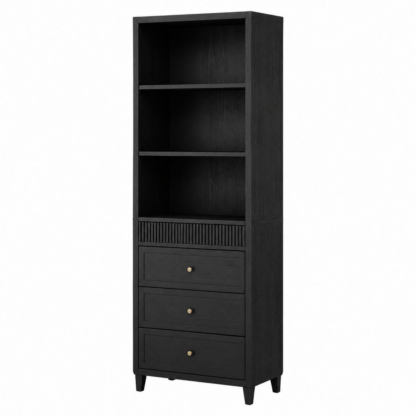 Black Wood Bookcase with Drawers and Shelves