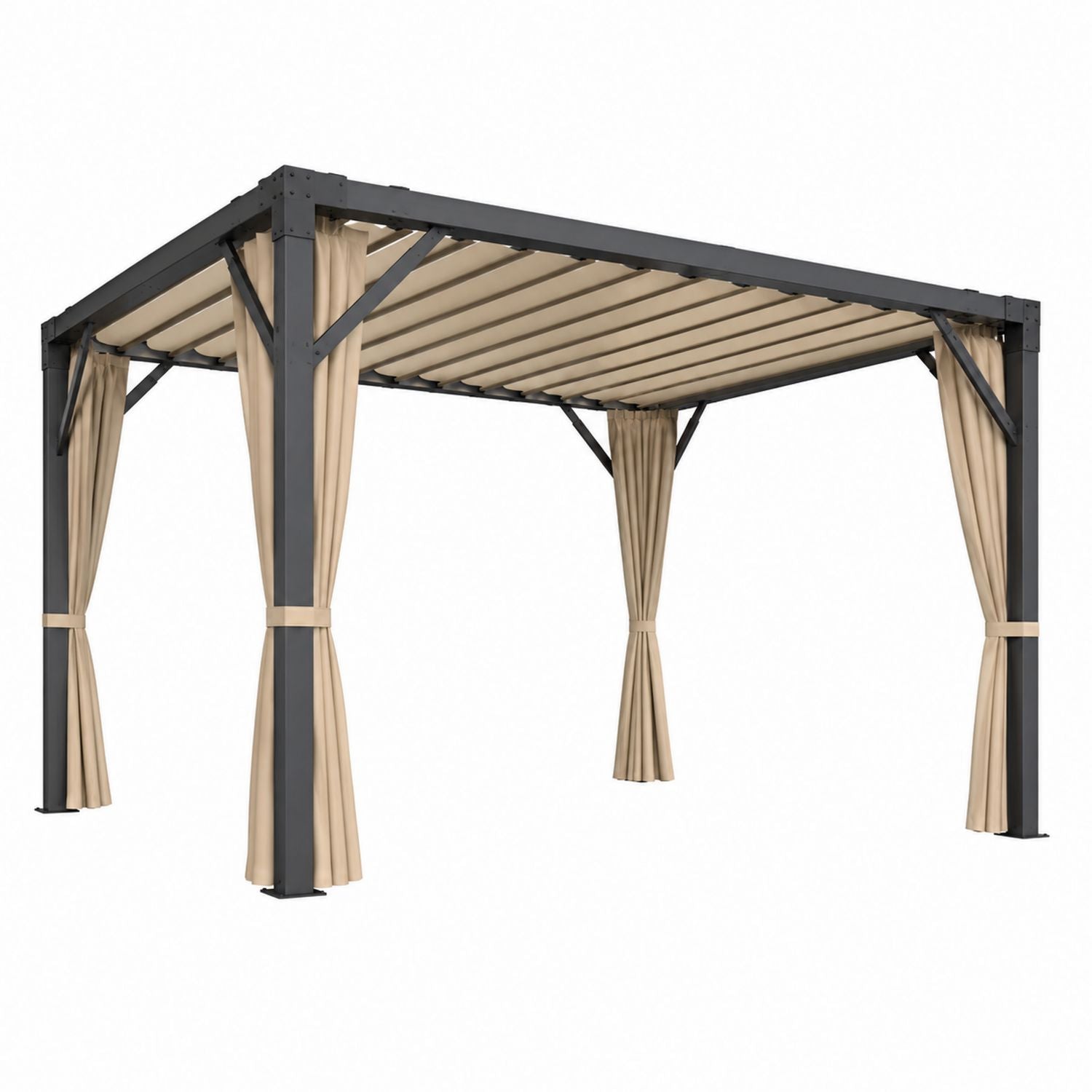 Outdoor Steel Pergola with Adjustable Polyester Canopy and Curtains 3m x 4m