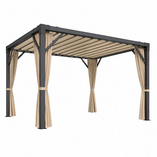 Outdoor Steel Pergola with Adjustable Polyester Canopy and Curtains 3m x 4m