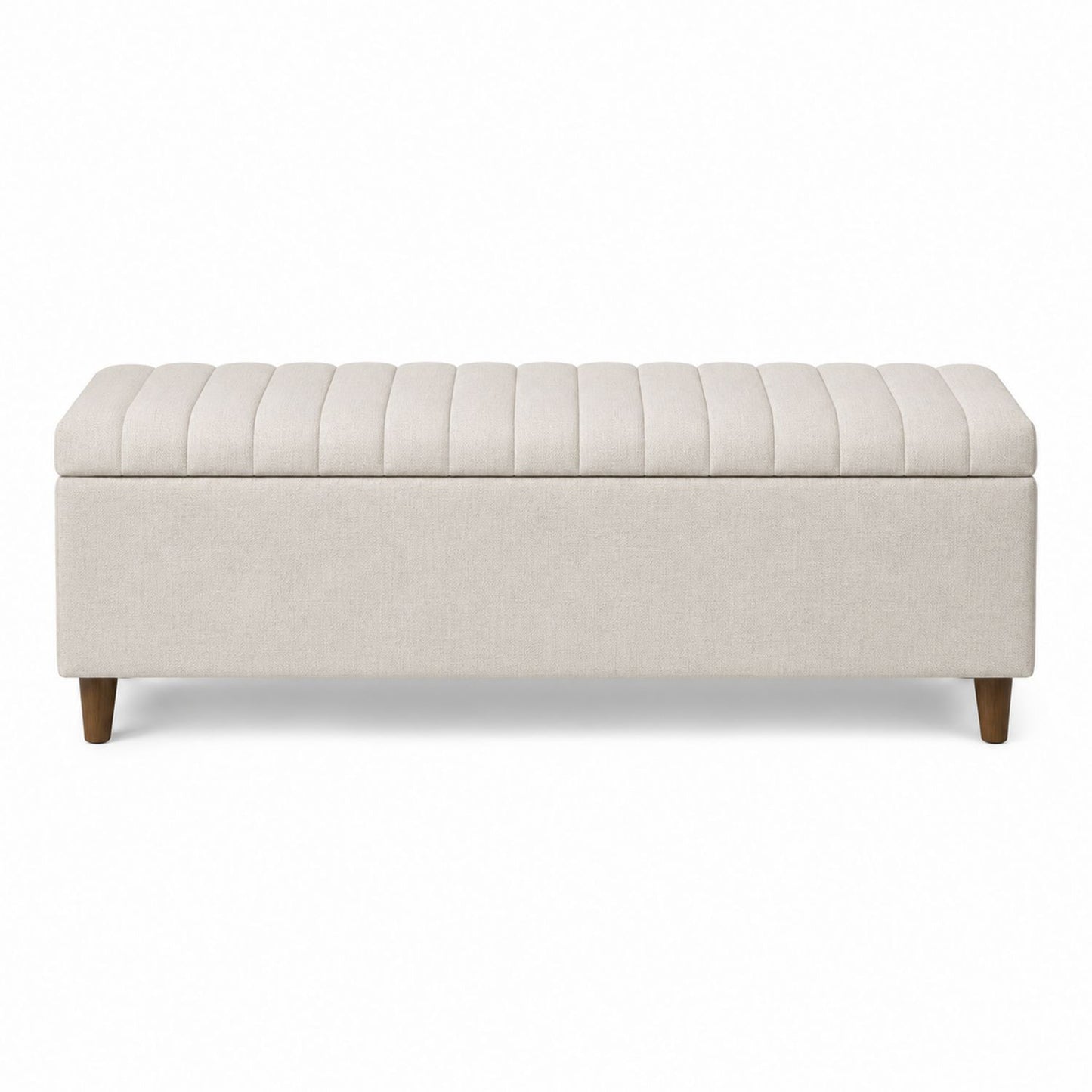 Beige Upholstered Storage Bench with Pine Wood Legs, 120cm
