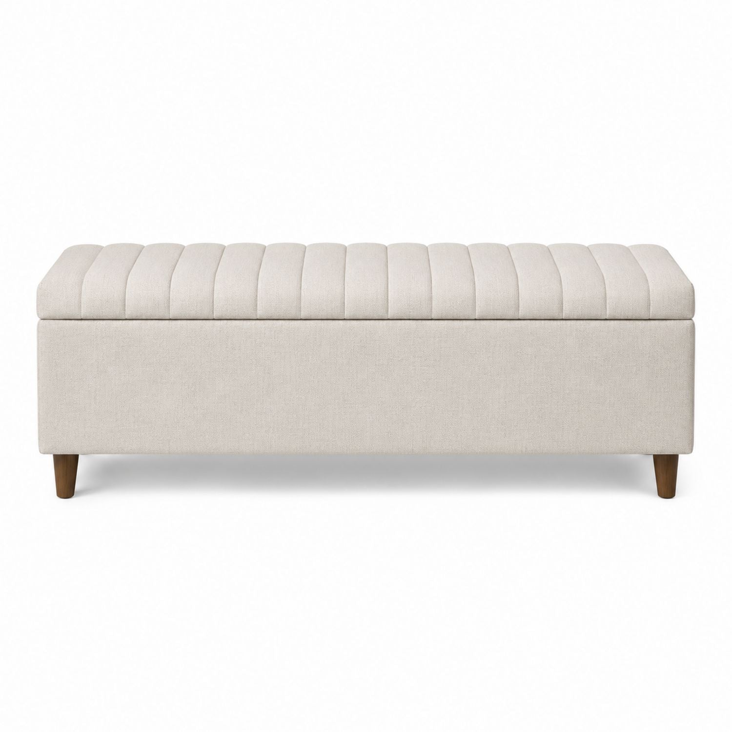 Beige Upholstered Storage Bench with Pine Wood Legs, 120cm