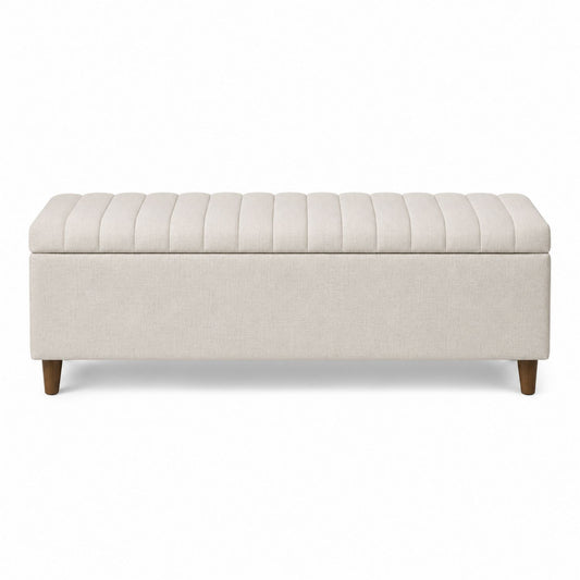 Beige Upholstered Storage Bench with Pine Wood Legs, 120cm
