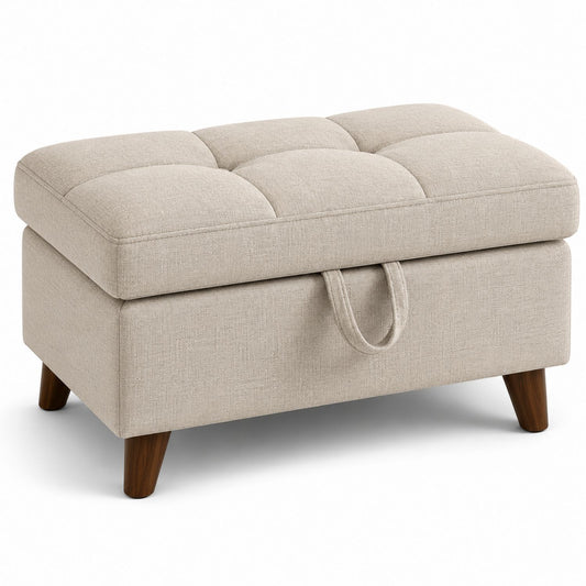 Fabric Rectangle Storage Ottoman Beige with Wood Legs