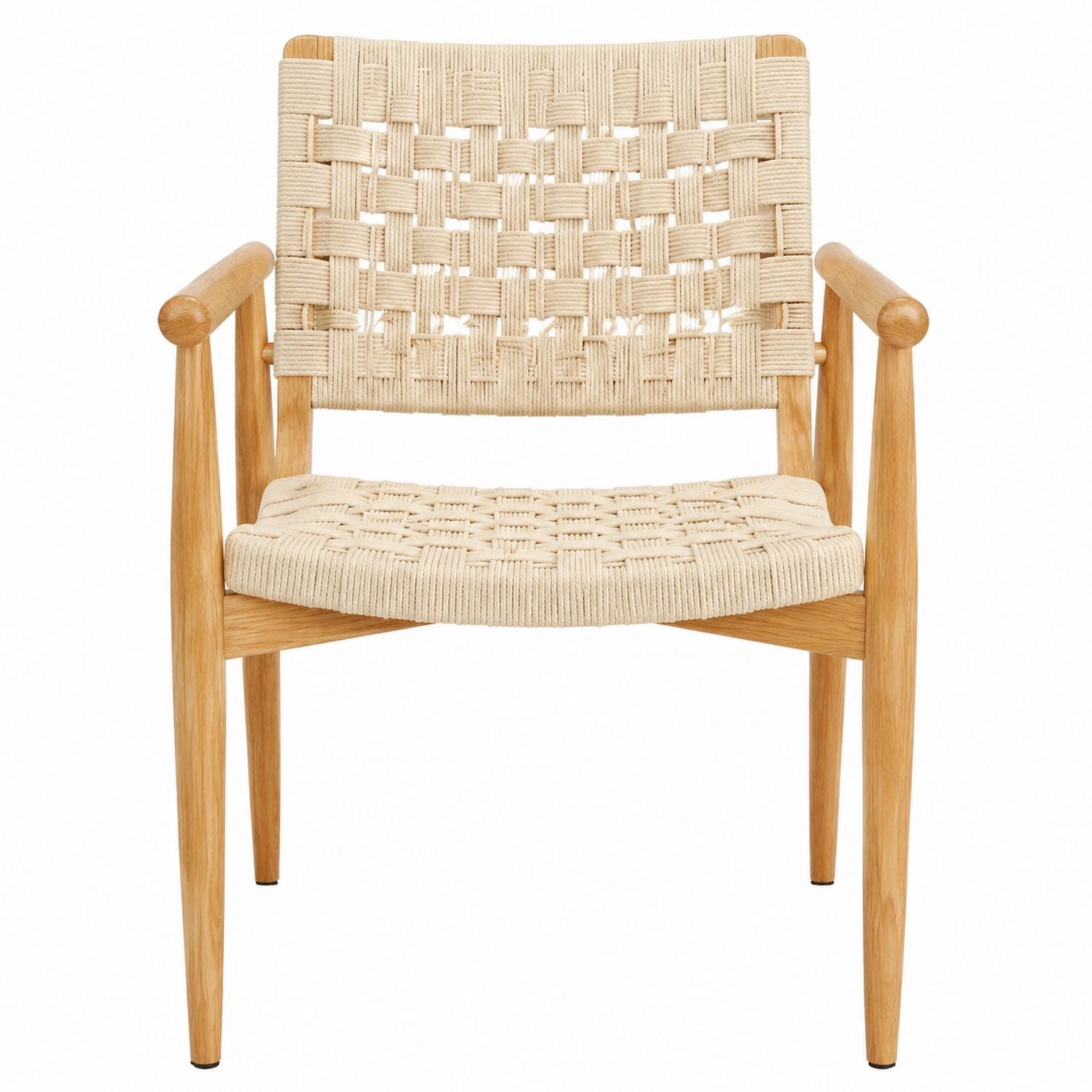 Oak Frame Lounge Chair with Woven Cotton Rope Seat and Back in Beige