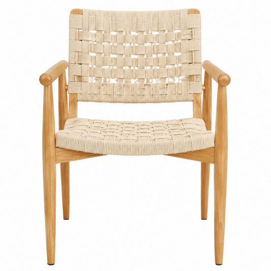 Oak Frame Lounge Chair with Woven Cotton Rope Seat and Back in Beige
