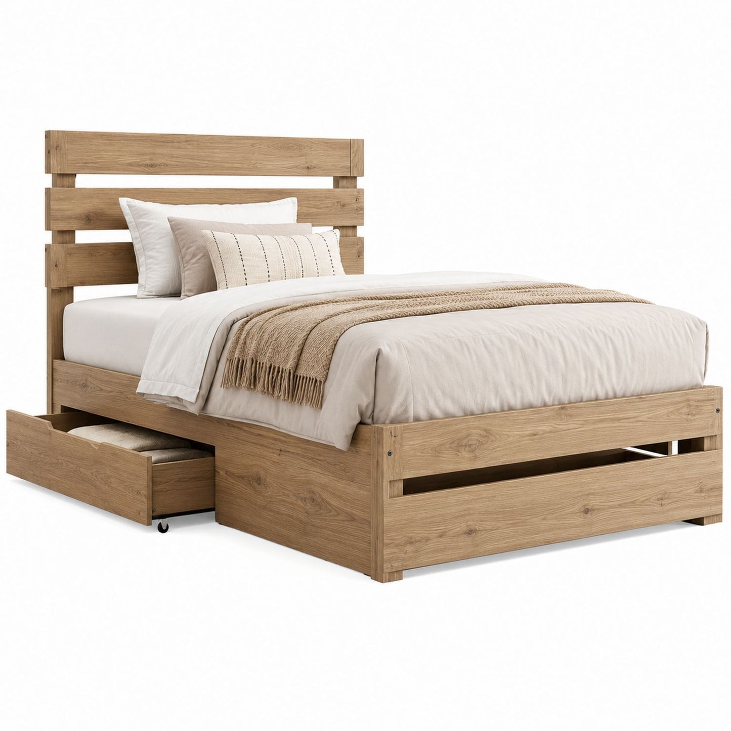 Wood Platform Bed with Storage Drawers Natural Finish Full Size