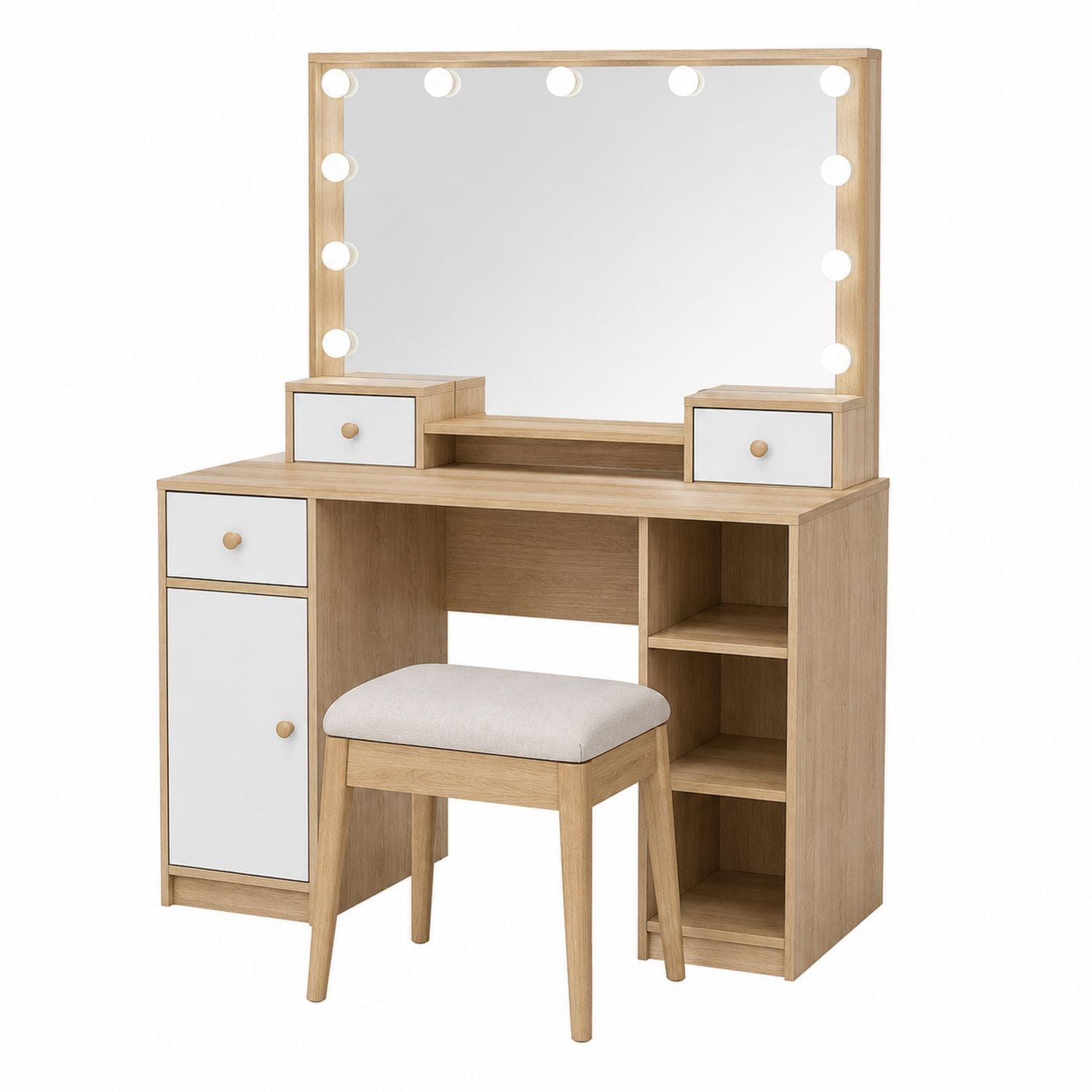 Wood Vanity Table Set with Stool and LED Mirror