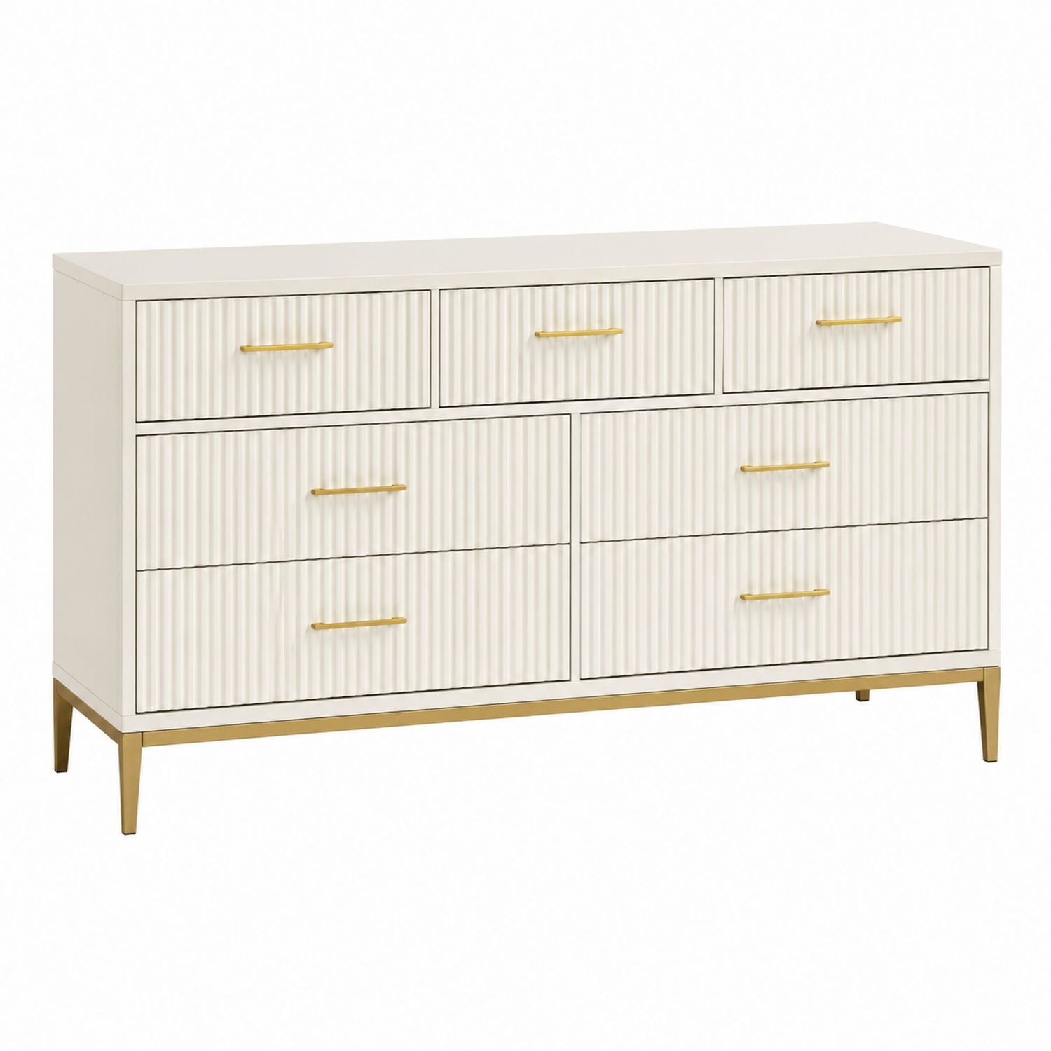 White Wood Dresser with Gold Handles and Legs, 7 Drawers, 150cm