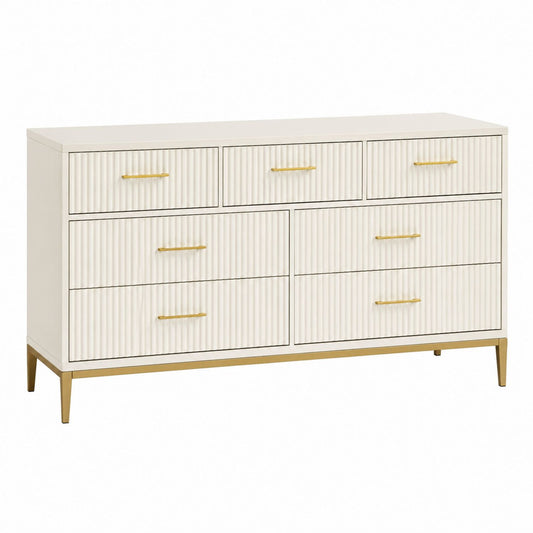 White Wood Dresser with Gold Handles and Legs, 7 Drawers, 150cm