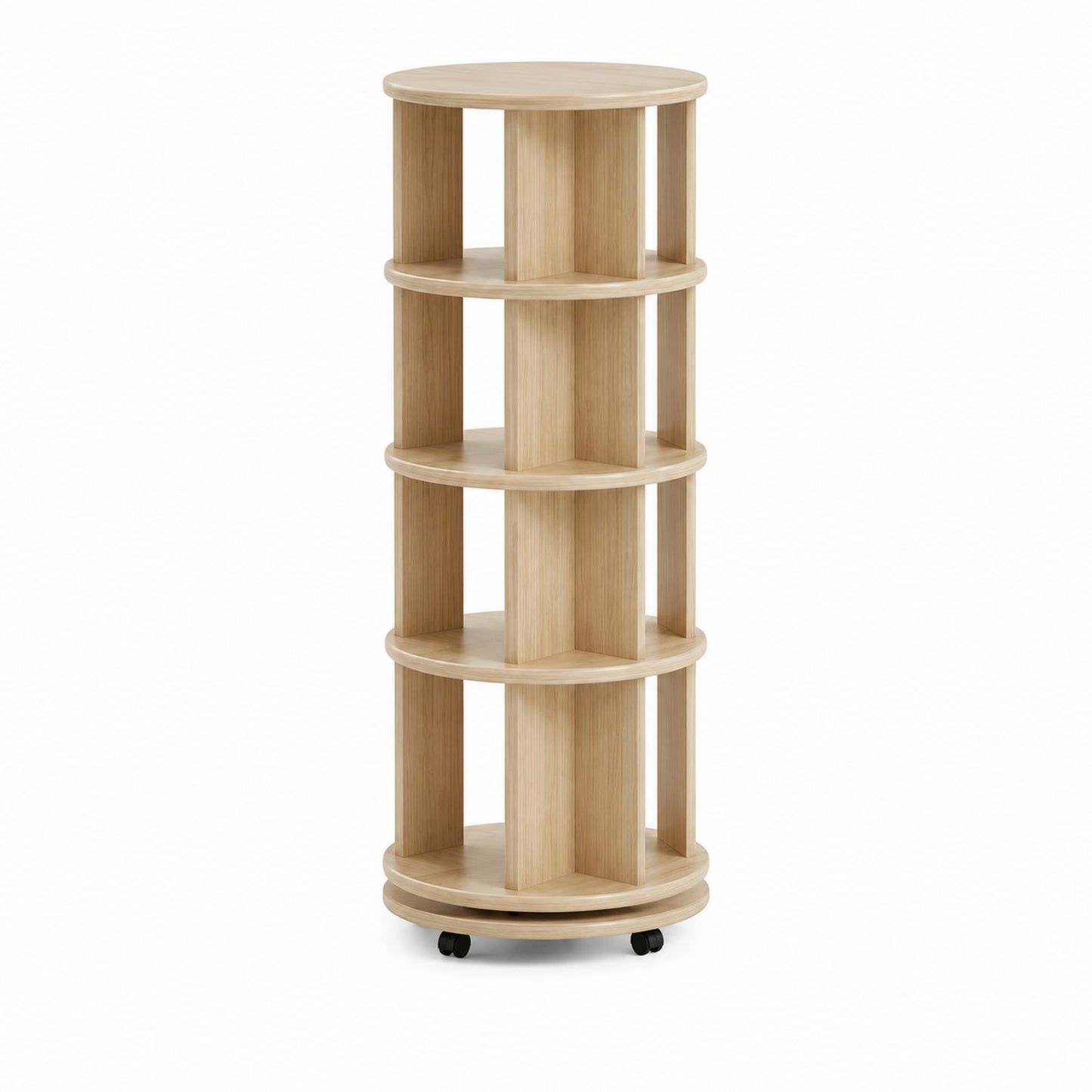 Round Rotating Solid Oak Bookcase with Casters 5-Tier