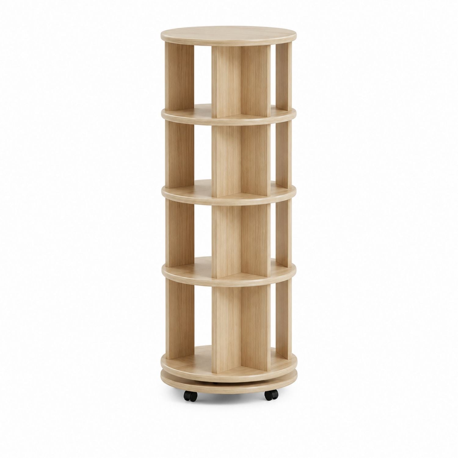 Round Rotating Solid Oak Bookcase with Casters 5-Tier