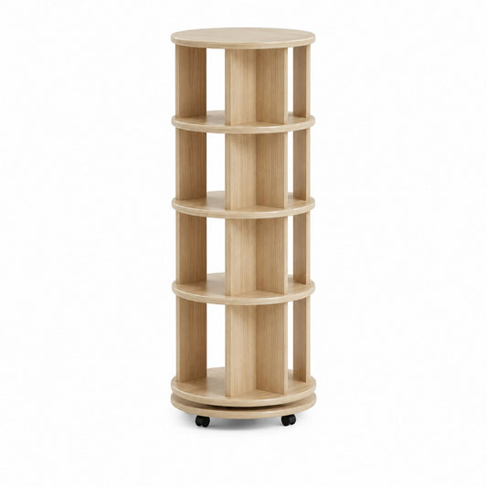 Round Rotating Solid Oak Bookcase with Casters 5-Tier