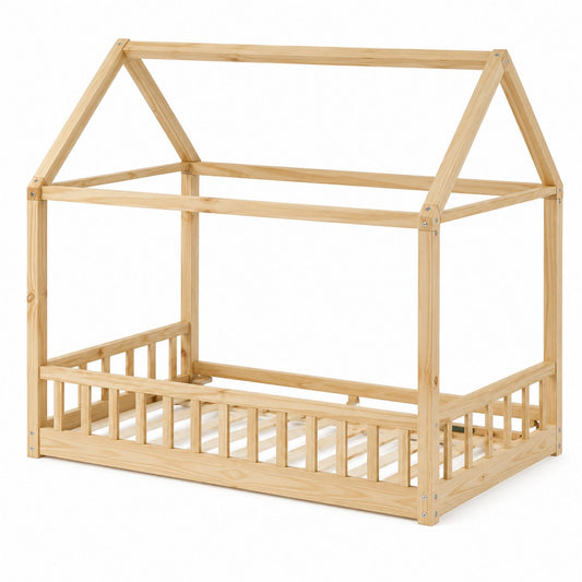 Pine Wood House Bed Frame for Children with Slatted Base, 160x80x160 cm