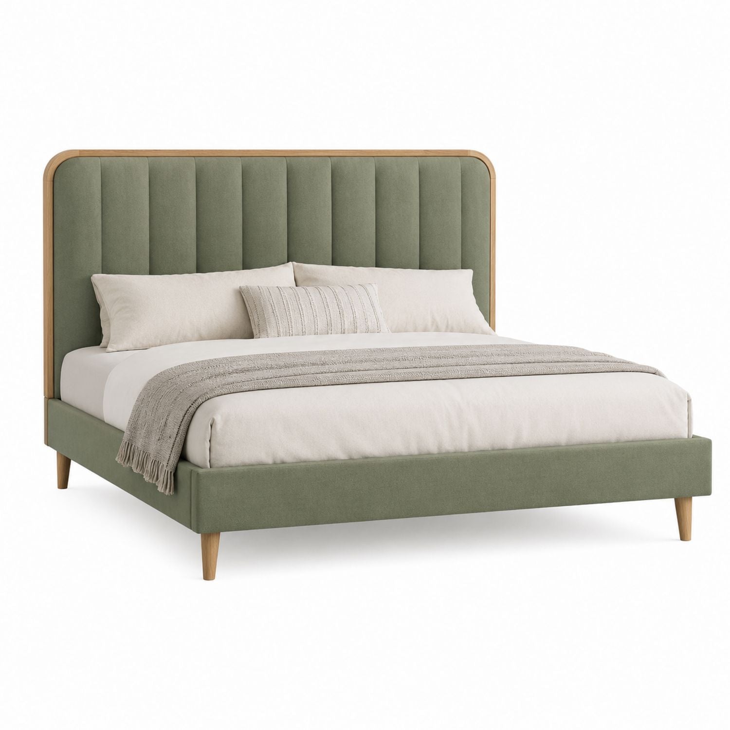 Upholstered Queen Bed Frame with Solid Oak Frame in Sage Green