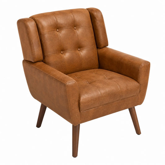 Brown Faux Leather Armchair with Tufted Back and Wood Legs