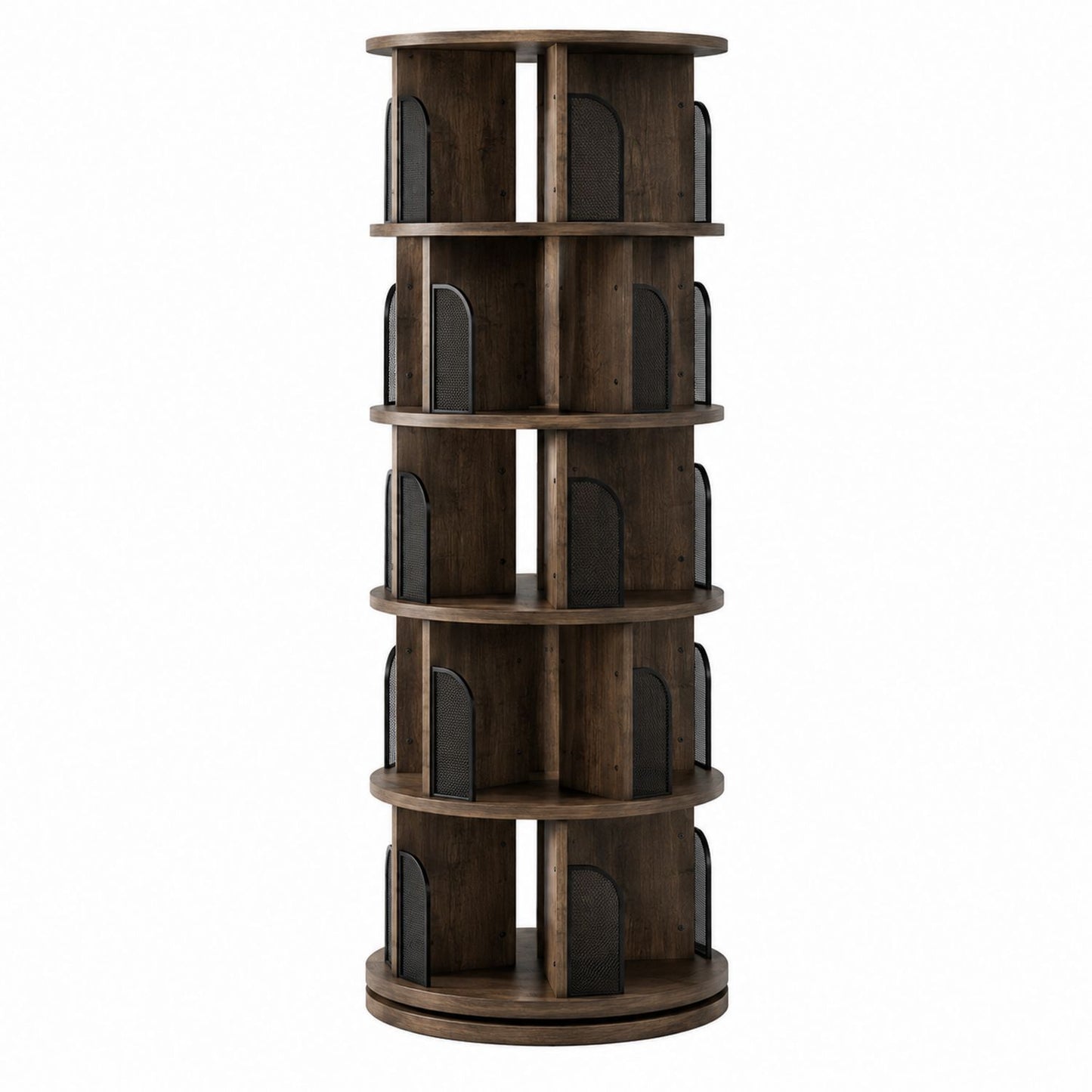 Rotating Round Wood Bookcase with Metal Dividers 170cm Tall