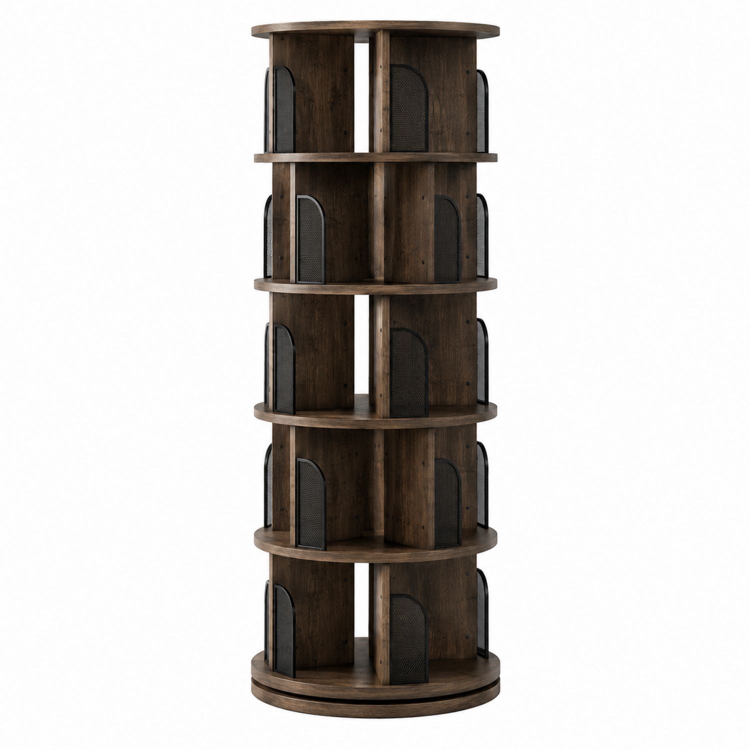 Rotating Round Wood Bookcase with Metal Dividers 170cm Tall