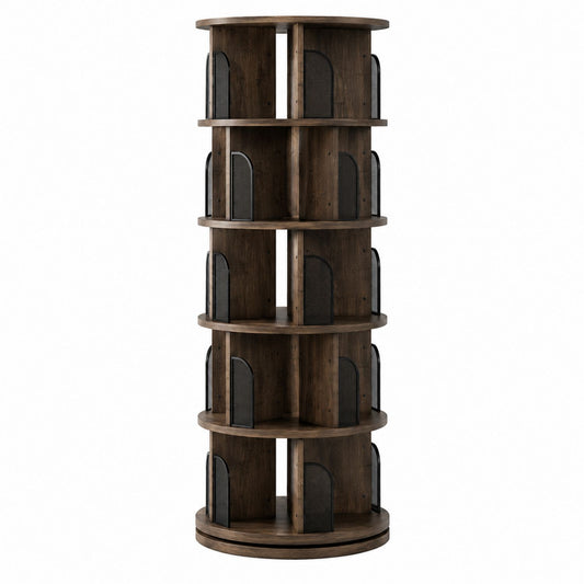 Rotating Round Wood Bookcase with Metal Dividers 170cm Tall