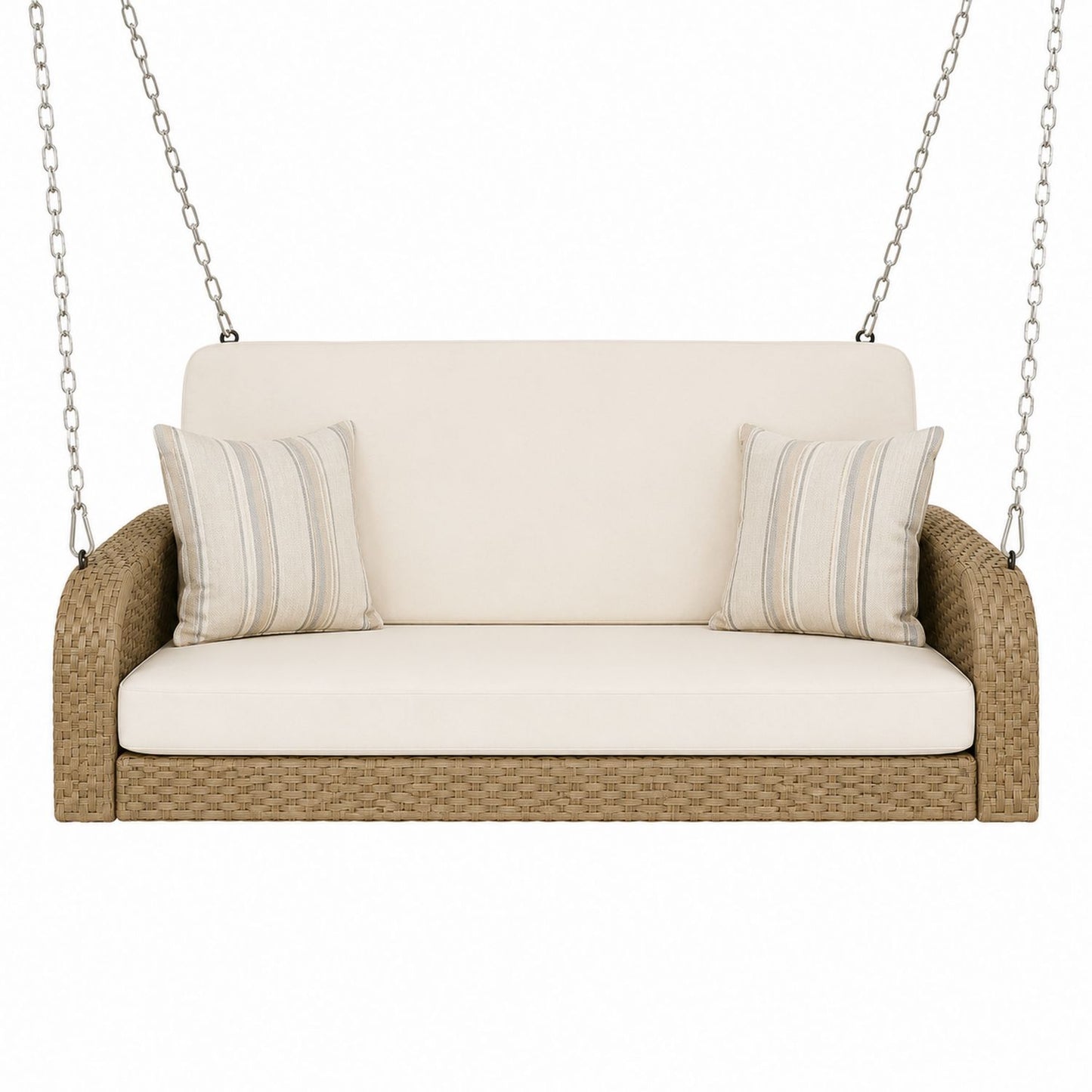 Outdoor Wicker Hanging Swing Chair with Beige Cushions, Steel Frame, 150cm