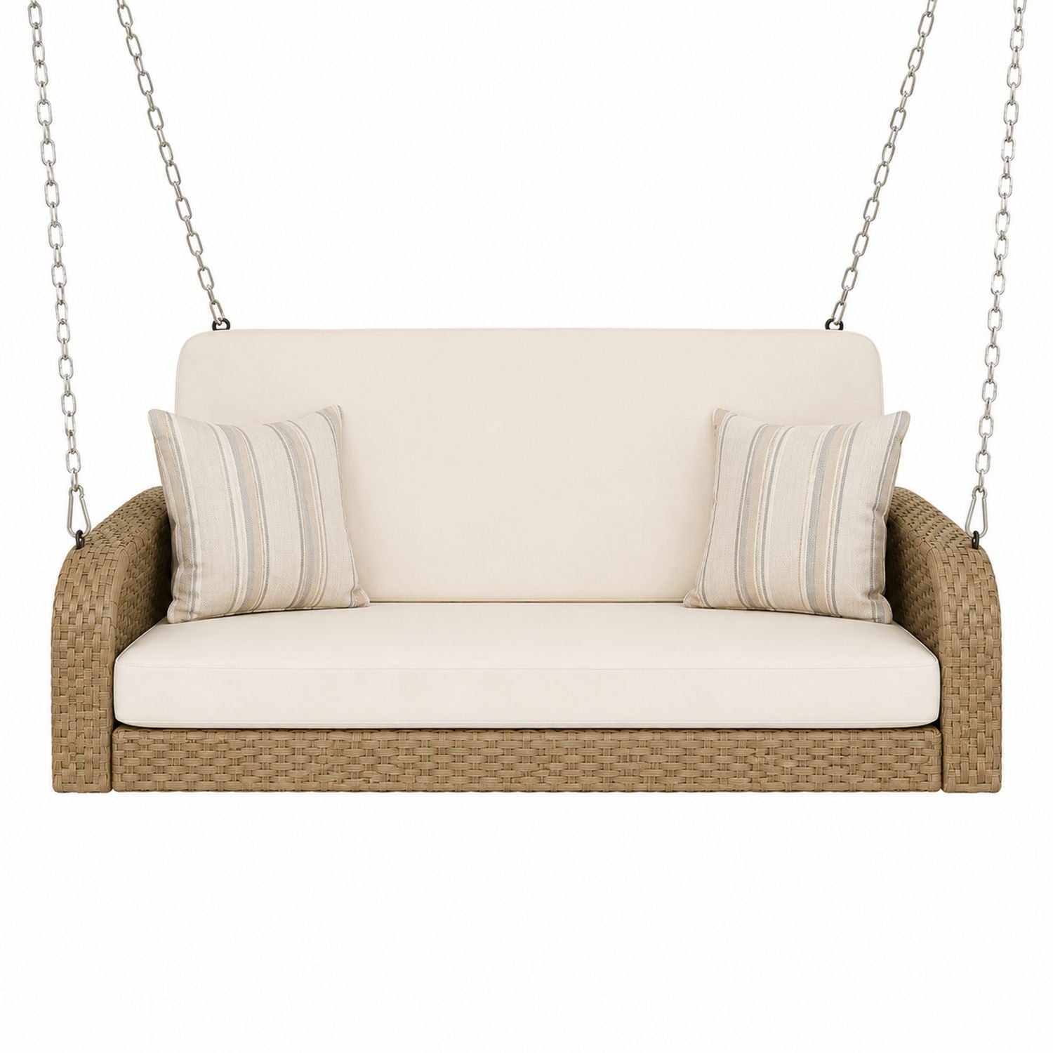 Outdoor Wicker Hanging Swing Chair with Beige Cushions, Steel Frame, 150cm
