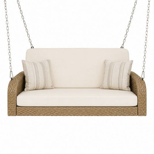 Outdoor Wicker Hanging Swing Chair with Beige Cushions, Steel Frame, 150cm
