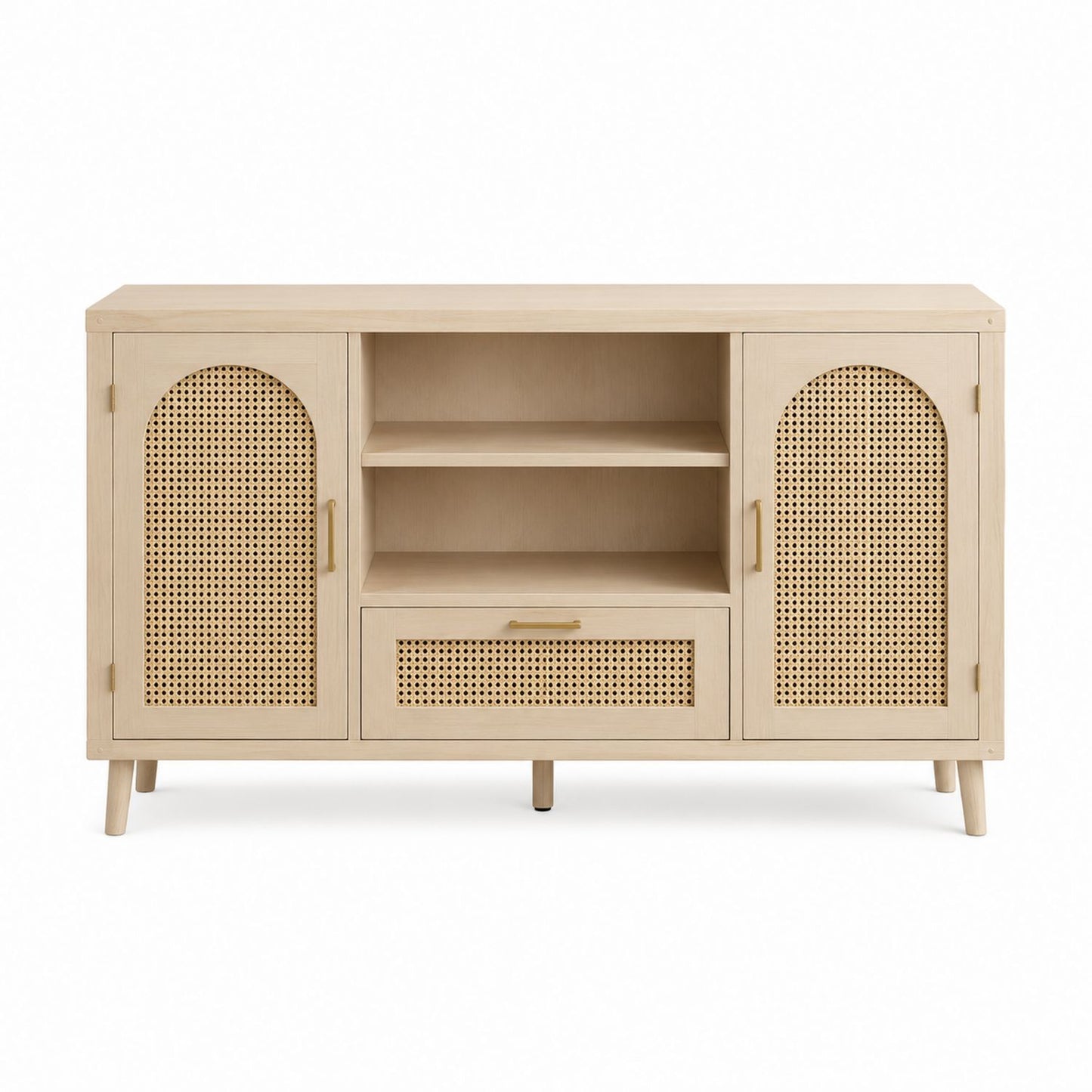 Wood and Rattan Sideboard with Shelves and Cabinets - Light Brown